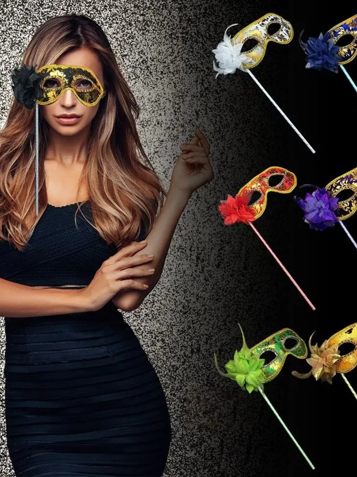 Lüks Taşlı Saplı Maskeli Balo Maskesi Kırmızı Renk 35 Cm