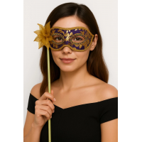 Lüks Taşlı Saplı Maskeli Balo Maskesi Mor Renk 35 Cm