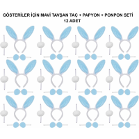 Mavi Tavşan Kostüm Seti – Taç, Papyon, Ponpon (12’li Paket)