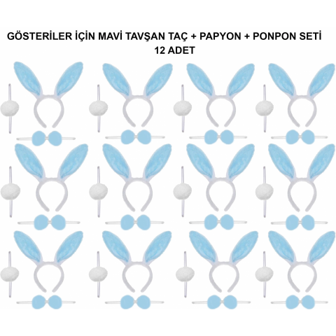 Mavi Tavşan Kostüm Seti – Taç, Papyon, Ponpon (12’li Paket)