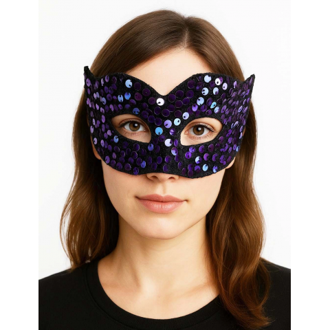 Mor Renk Arkadan Lastikli Pul Payet İşlemeli Balo After Parti Maskesi