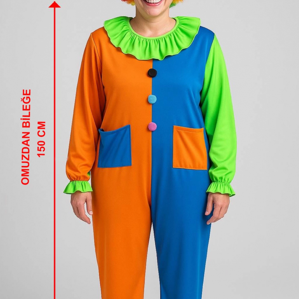 Palyaço Kostüm Seti 150 Cm (peruk + Burun + Kostüm)