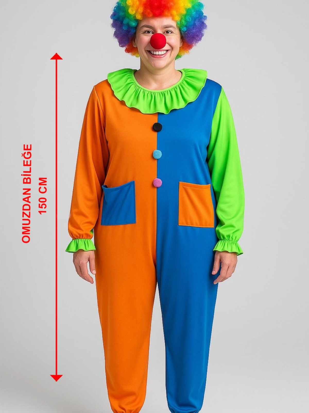 Palyaço Kostüm Seti 150 Cm (peruk + Burun + Kostüm)