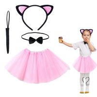 Pembe Renk Etekli Kedi Kostüm Seti (tütü, Taç, Papyon, Kuyruk)
