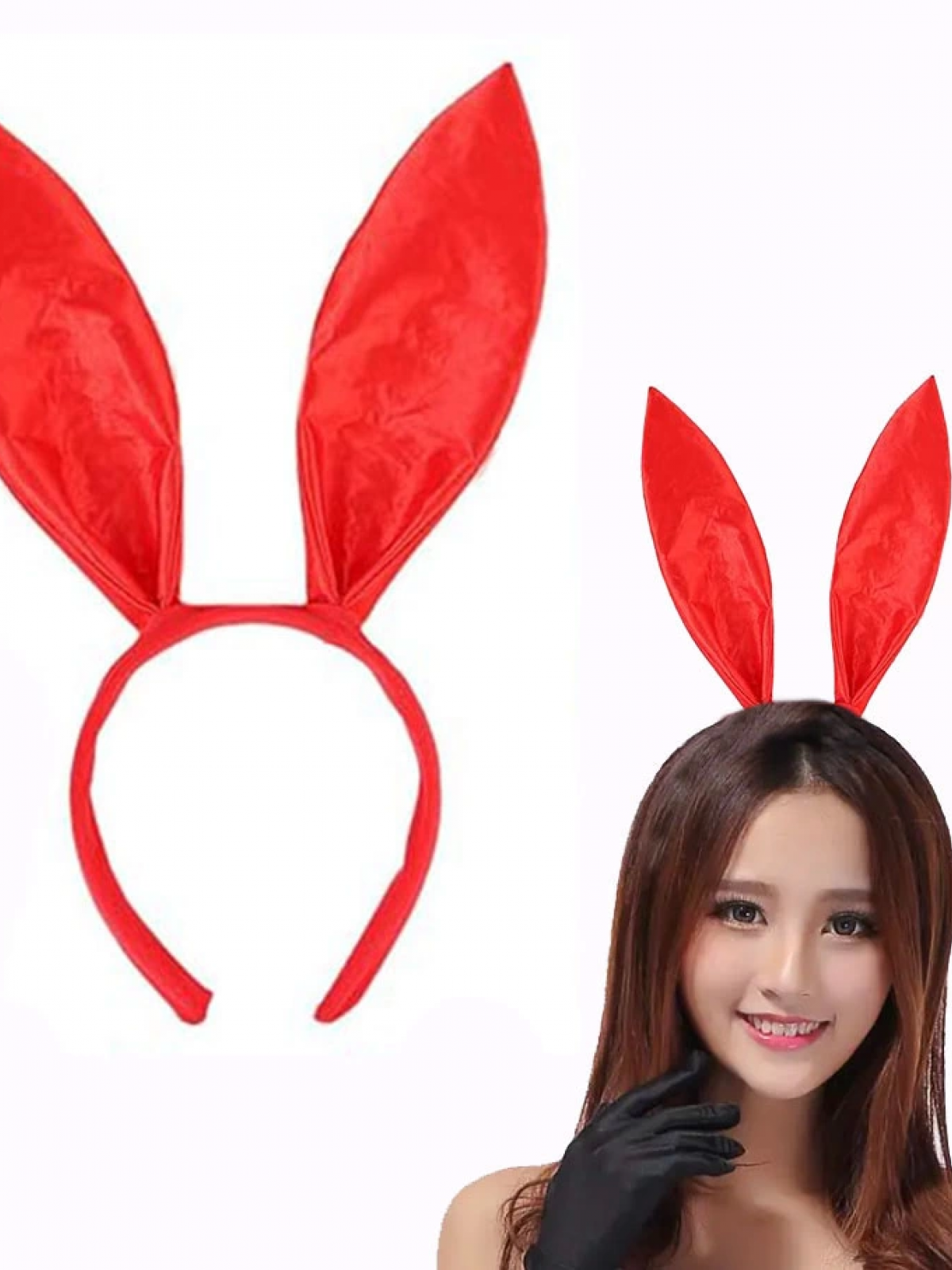 Kırmızı Renk Saten Kaplama Şekil Verilebilir Tavşan Kulak Taç 35x11 Cm