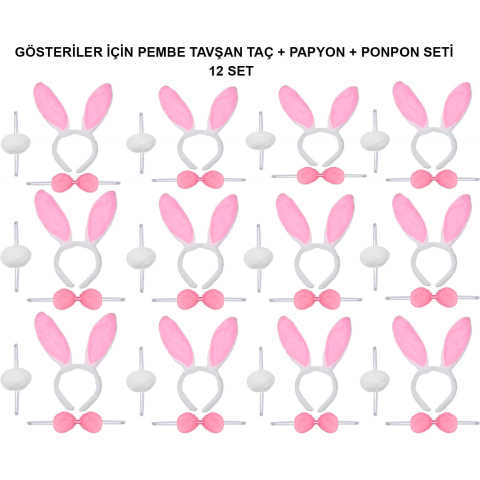 Pembe Tavşan Kostüm Seti – Taç, Papyon, Ponpon (12’li Paket)