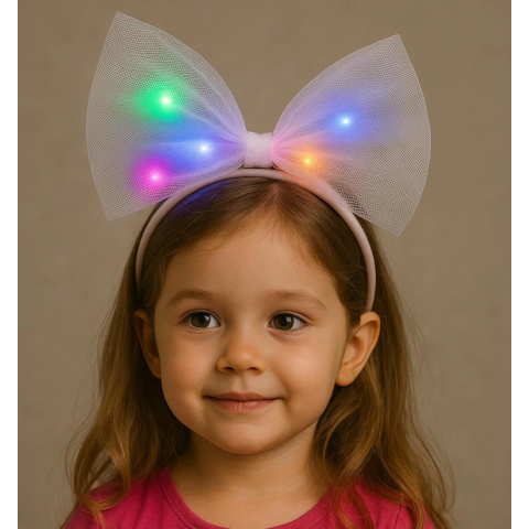 Rengarenk Led Işıklı Fiyonk Şekilli Tül Parti Tacı Beyaz Renk 25x25 Cm