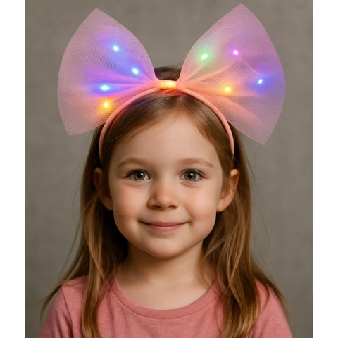 Rengarenk Led Işıklı Fiyonk Şekilli Tül Parti Tacı Pembe Renk 25x25 Cm