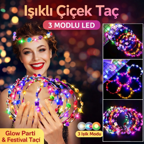 Renkli Led Çiçek Taç – 3 Işık Modlu Glow Parti Tacı