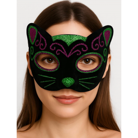 Siyah Kadife Kaplama Üzeri Pembe Yeşil Sim İşlemeli Kedi Maskesi 20x13 Cm