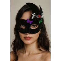 Siyah Renk İncili Taşlı Süet Kaplama Venedik Parti Maskesi 20x22 Cm