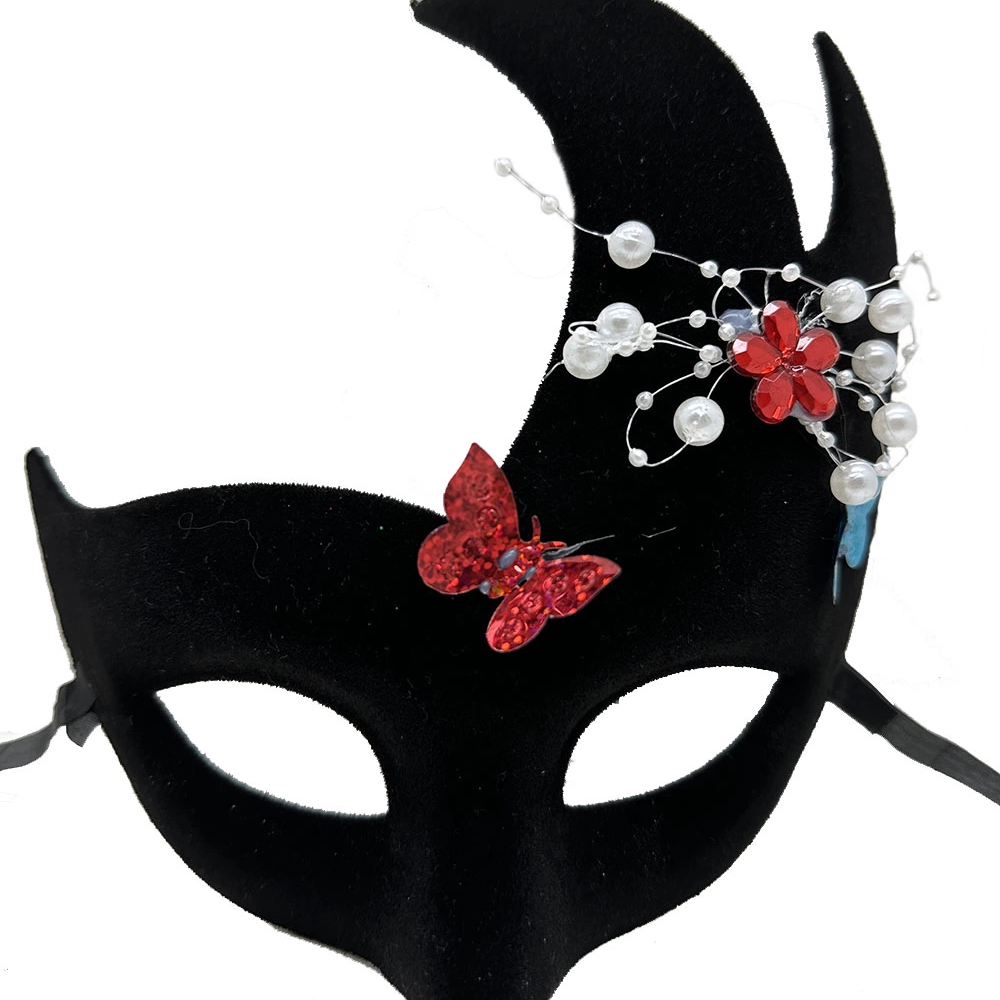 Siyah Renk İncili Taşlı Süet Kaplama Venedik Parti Maskesi 20x22 Cm