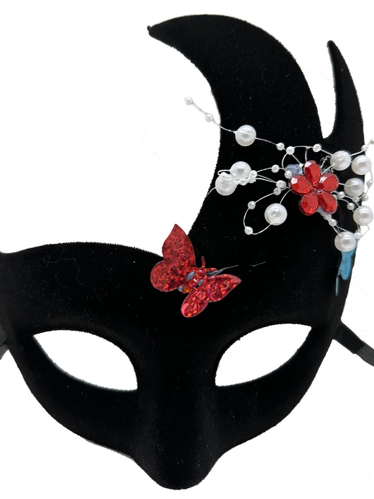 Siyah Renk İncili Taşlı Süet Kaplama Venedik Parti Maskesi 20x22 Cm
