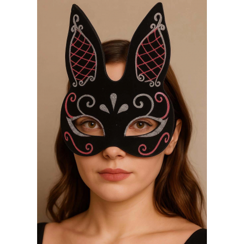 Siyah Renk Kırmızı Beyaz Simli Siyah Süet Kaplama Tavşan Maskesi 18x16 Cm