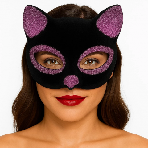 Siyah Renk Pembe Simli Süet Kaplama Kedi Maskesi 18x14 Cm