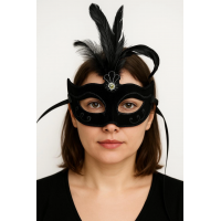 Siyah Renk Tüylü Siyah Süet Kaplama Parti Balo Maskesi 20x16 Cm