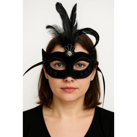 Siyah Renk Tüylü Siyah Süet Kaplama Parti Balo Maskesi 20x16 Cm