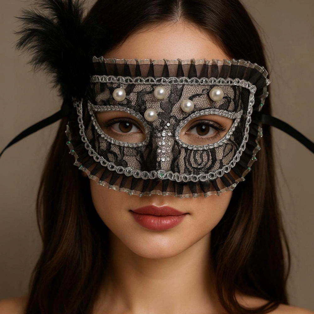 Siyah Renk Yandan Tüylü İnci İşlemeli Taşlı Dantelli Parti Maskesi 17x12 Cm
