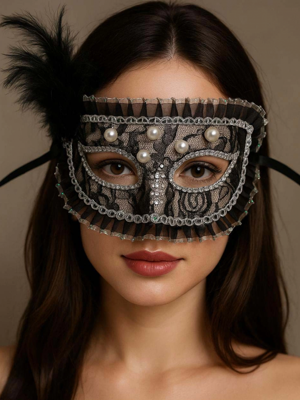 Siyah Renk Yandan Tüylü İnci İşlemeli Taşlı Dantelli Parti Maskesi 17x12 Cm