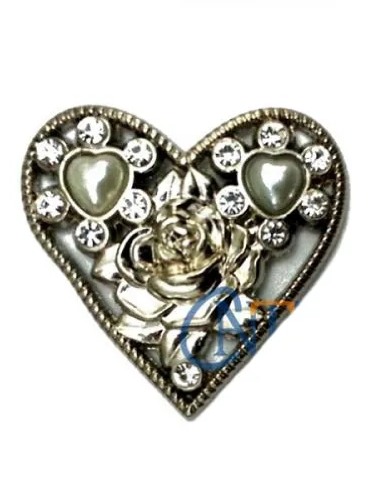 Taşlı Kalp Broş, Kutu, Sandık Süsü - Nikel, 10 Adet