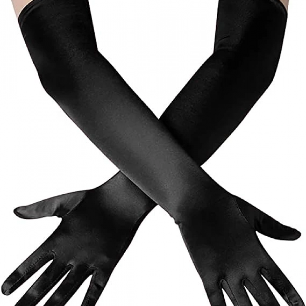 Uzun Boy Ekstra Parlak Saten Eldiven Siyah Renk