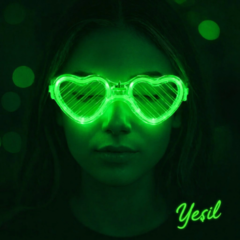 Yeşil Led Işıklı Kalp Gözlük – 3 Modlu Parti  Glow Gözlüğü