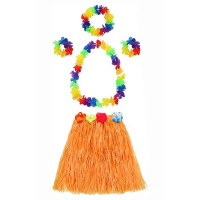 Yetişkin Ve Çocuk Uyumlu Luau Aloha Hawaii Turuncu Etek Ve Renkli Kolye Taç 2 Adet Bileklik Seti