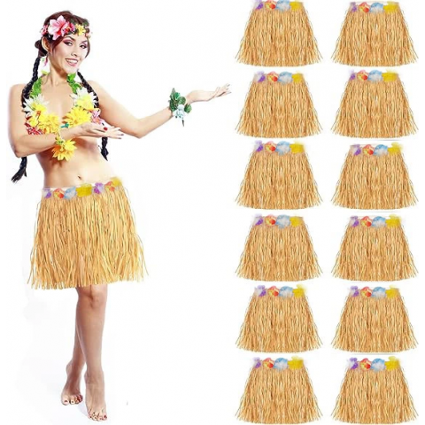 Yetişkin Ve Çocuk Uyumlu Saman Renk Hawaii Luau Hula Etek 40 Cm 12 Adet