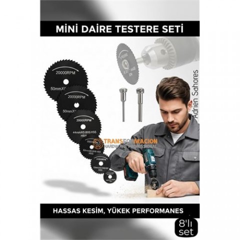 8'lı Karbür Çelik Mini Daire Testere Seti - HSS Döner Kesici Bıçak ve Mandren Takımı