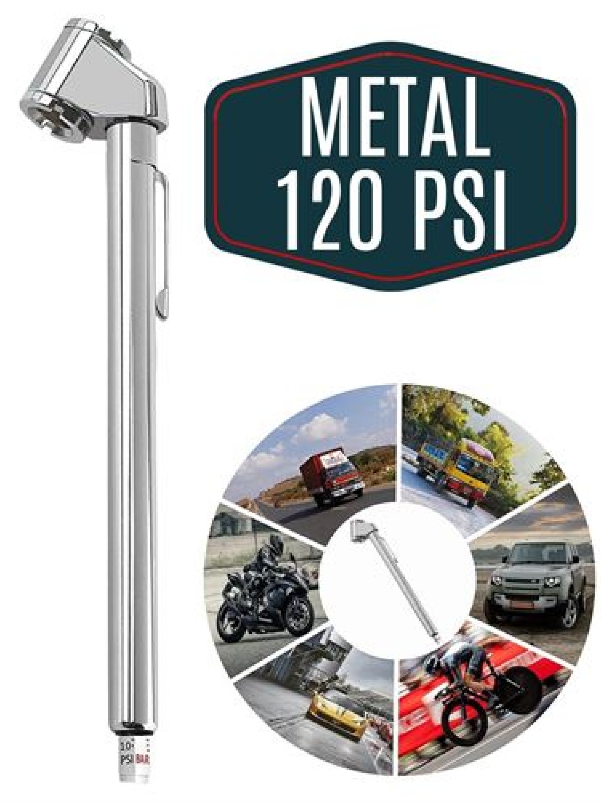 Metal Lastik Hava Basınç Ölçer – 120 PSI / 8.5 BAR | Çift Ölçekli | Otomobil, Motosiklet, Bisiklet ve Ticari Araçlar İçin 422456