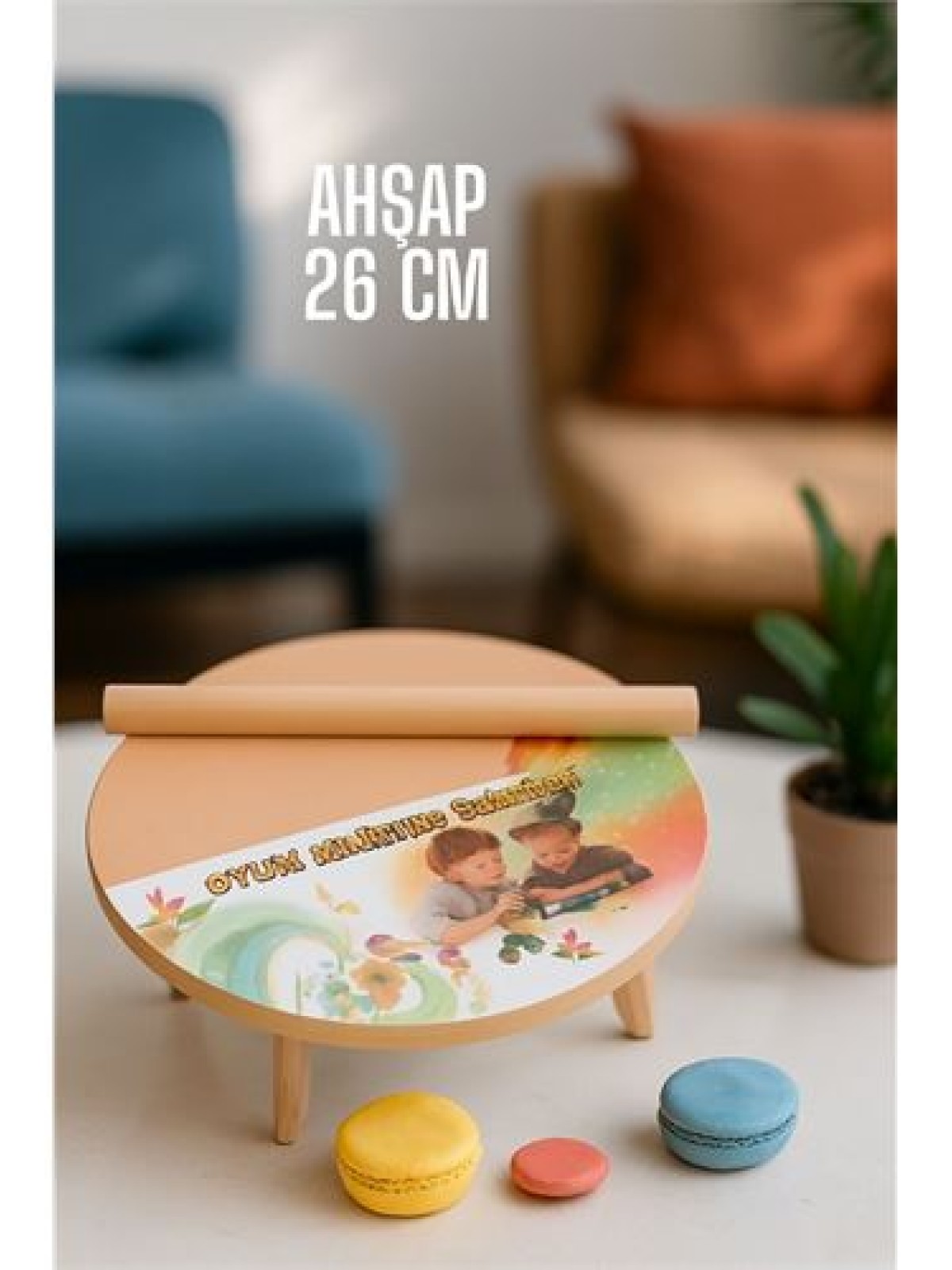 Çocuk 26 cm Ahşap Hamur Açma Masası Mini Oklava ile Oyun Hamuru Tahtası