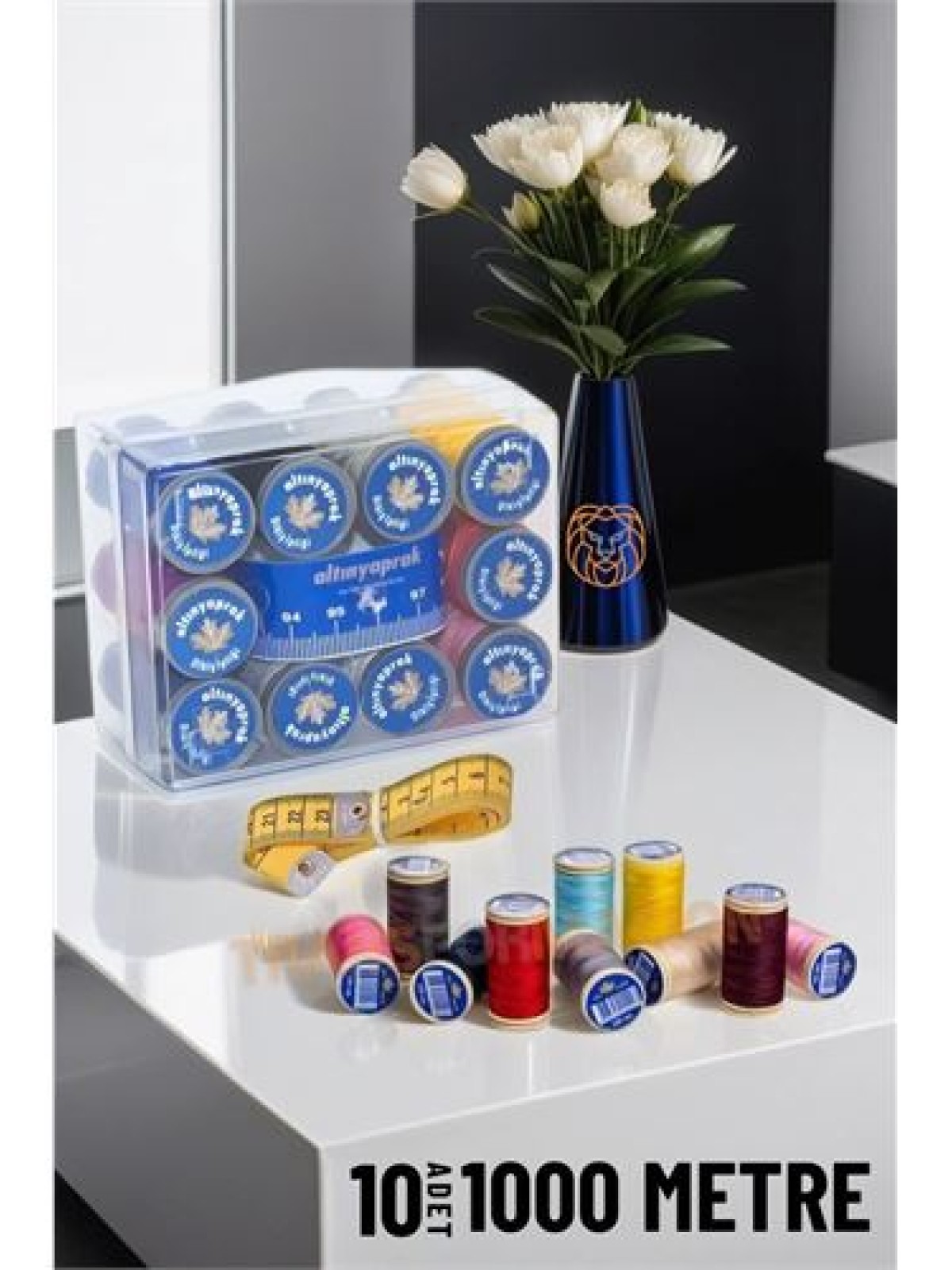 10 Renk 1000 Mt Kutulu Mezuralı Dikiş İpliği Seti