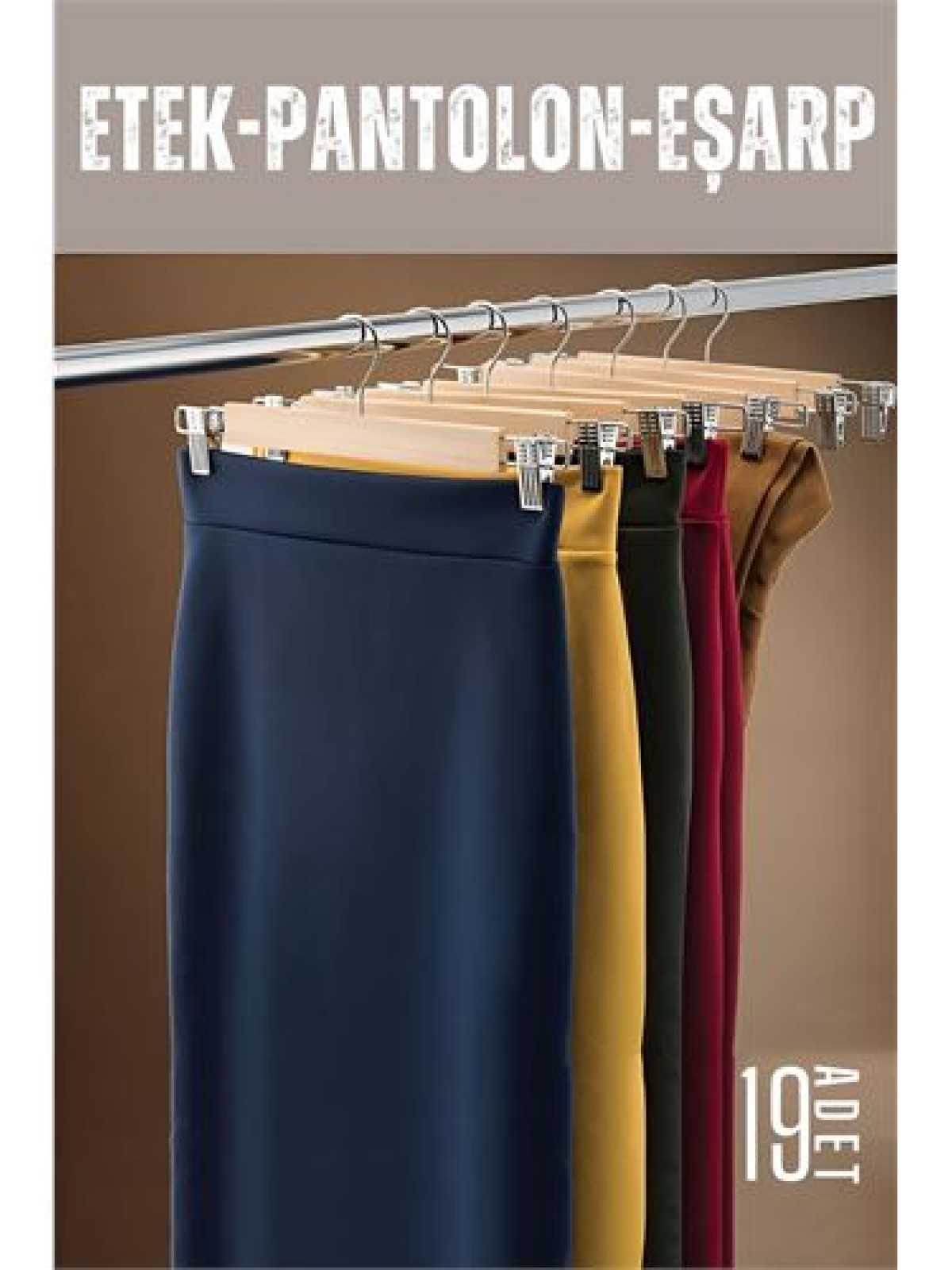 Etek Pantolon Eşarp Kıskaçlı Askı 19 Adet Ahşap