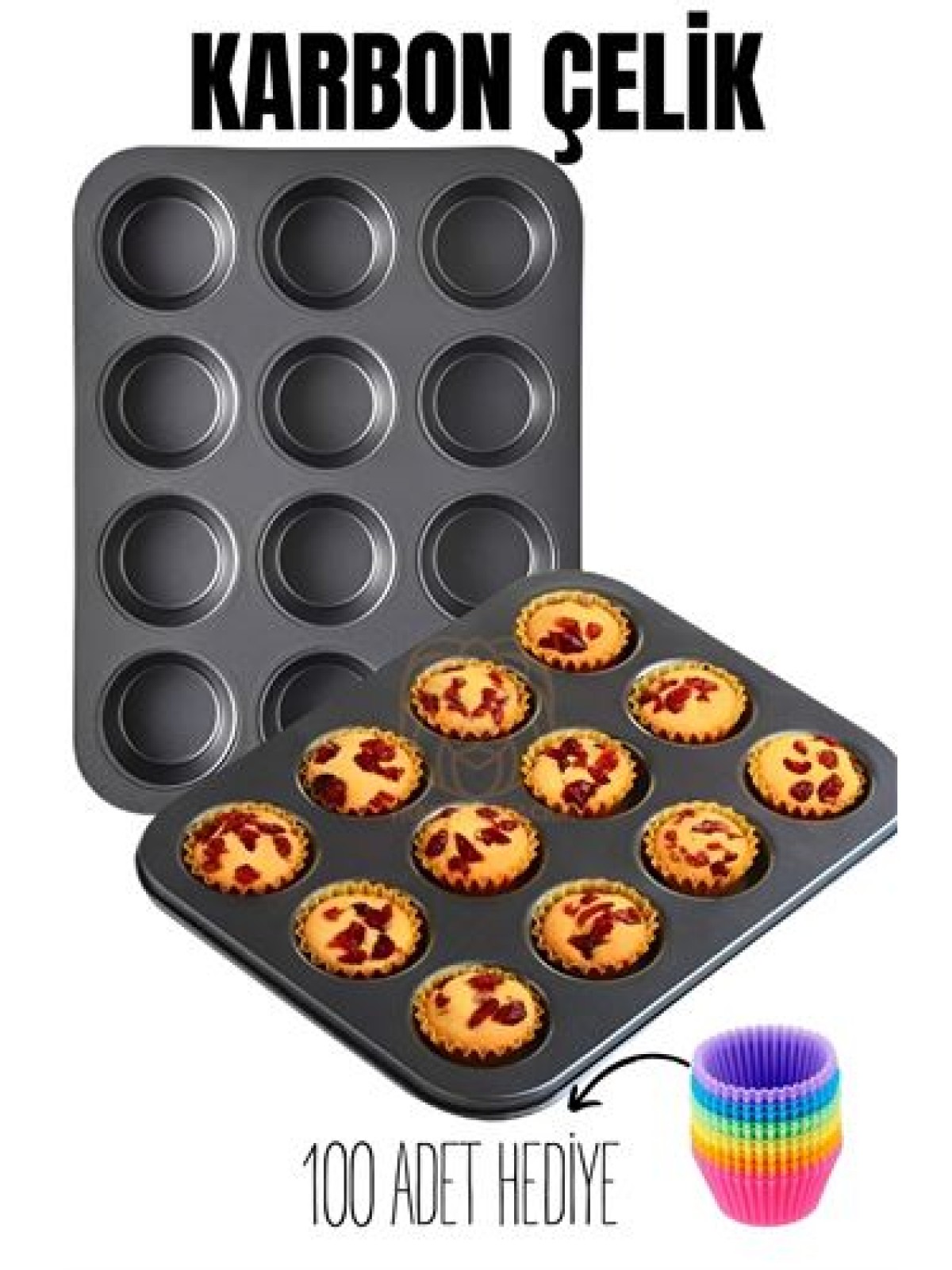 12 li Muffin Kalıbı Teflon Çelik 100 Muffin Kağıtlı