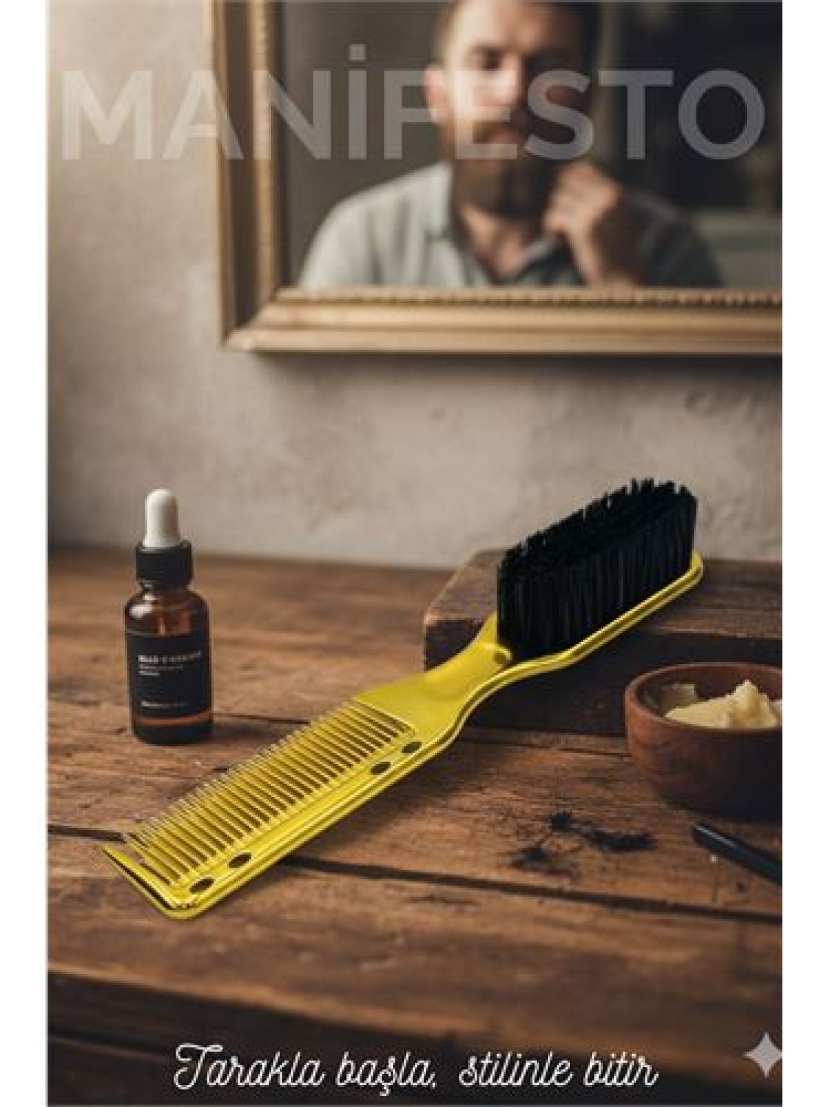 Gold Sakal Bıyık Tarama Fırçası  Sakal Bıyık Tarama Fırçası Çift Taraflı Sakal Tarak ve Fırça – Şekillendirici, Anti-Statik