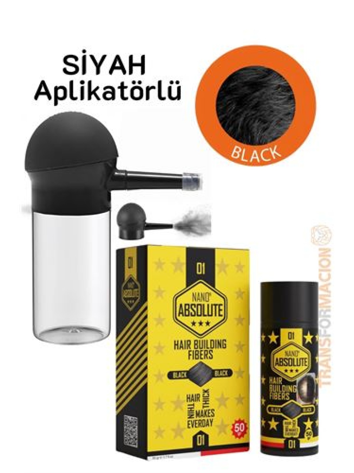 Aplikatörlü Saç Dolgunlaştırıcı Fiber Topik Toz SİYAH 50 Gram