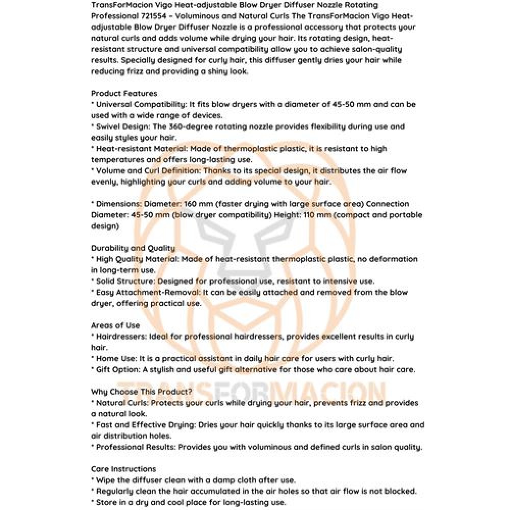 Isı Ayarlamalı Fön Için Difüzör Vigo Başlık Dönerli Profesyonel