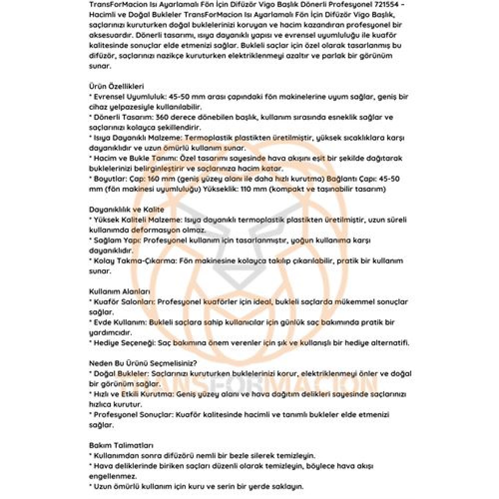 Isı Ayarlamalı Fön Için Difüzör Vigo Başlık Dönerli Profesyonel