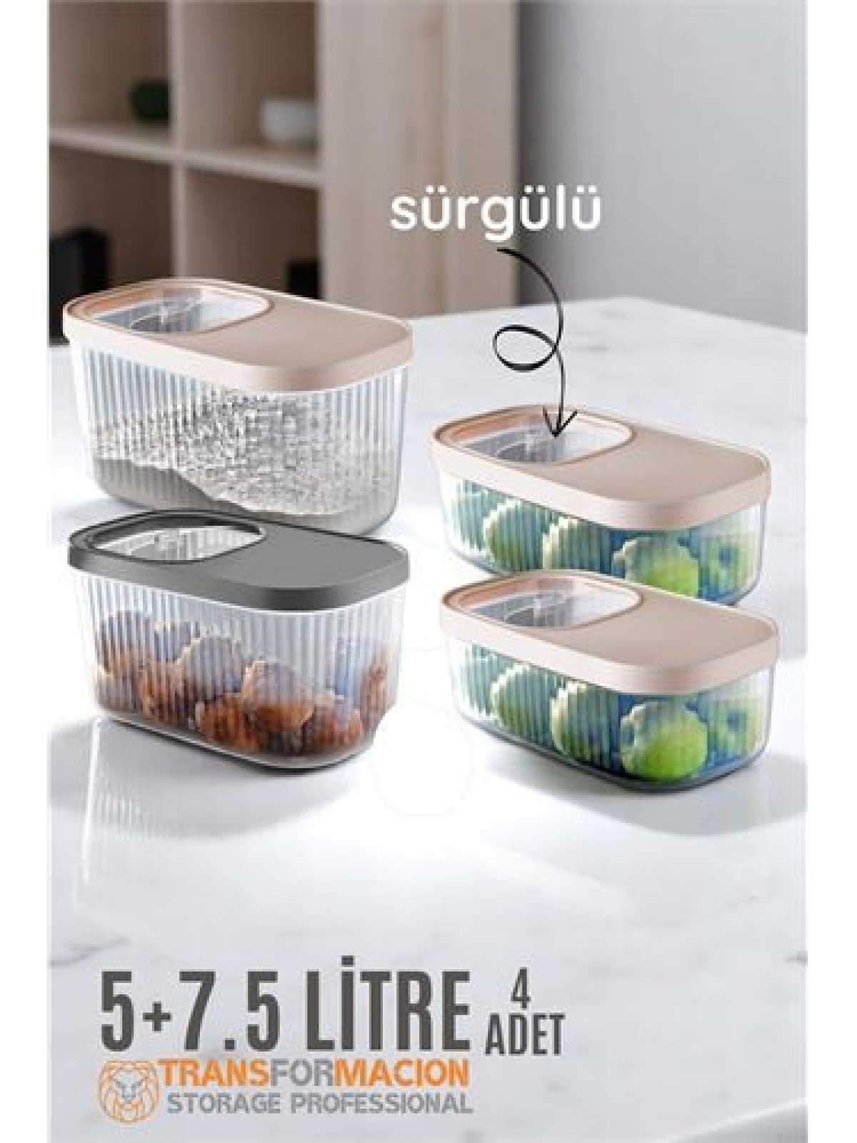 Erzak Bakliyat Kutusu Sürgülü Kapak Saklama Kabı 5 ve 7.5 Litre 4 lü