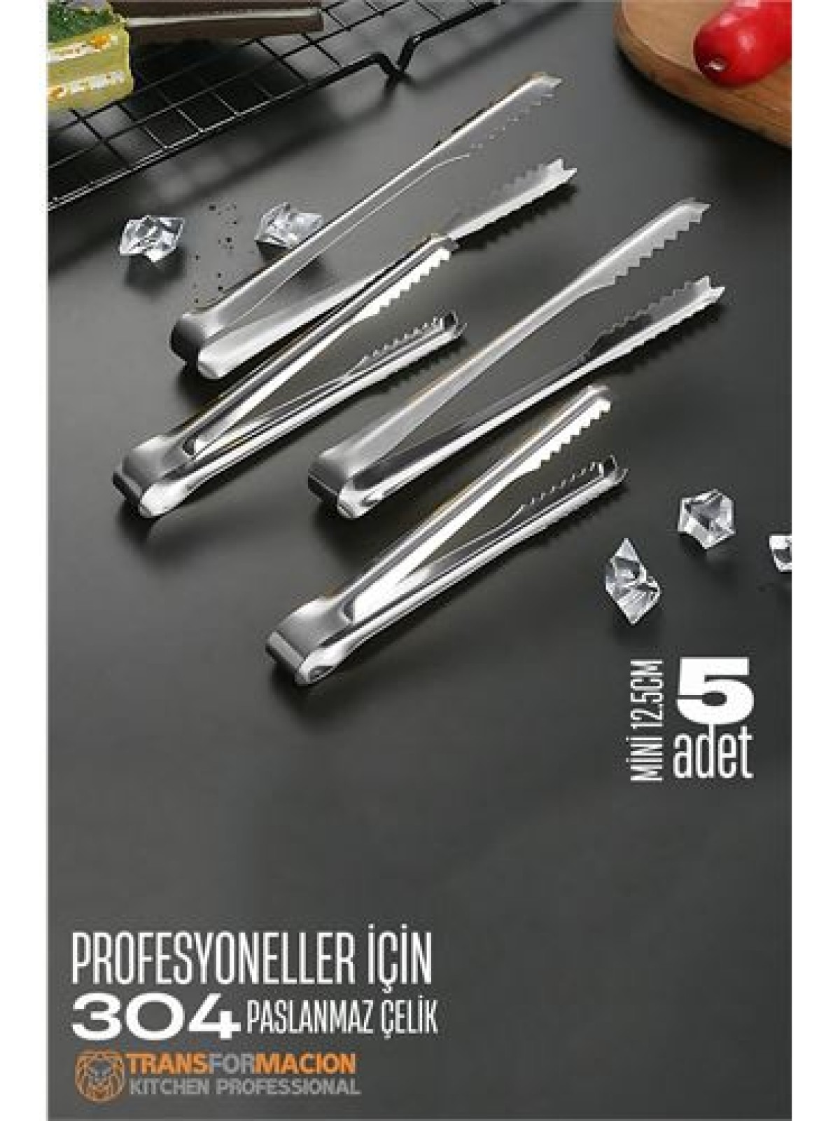 Mini 12.5 cm Buz Maşası - Şeker Limon Maşası Kokteyl Servis Maşası 5 li PAKET 304 Paslanmaz Çelik