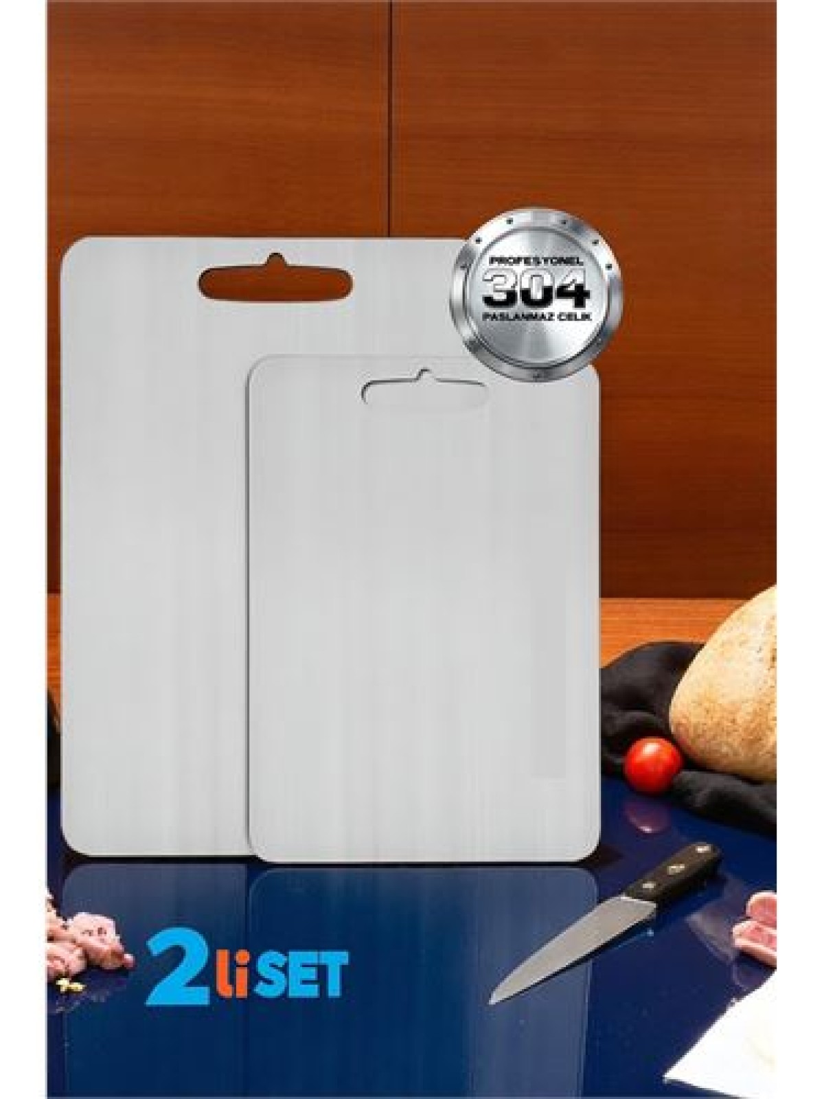 Kesim Tahtası - Profesyonel 304 Paslanmaz Çelik Doğrama Tahtası 2 Lİ SET