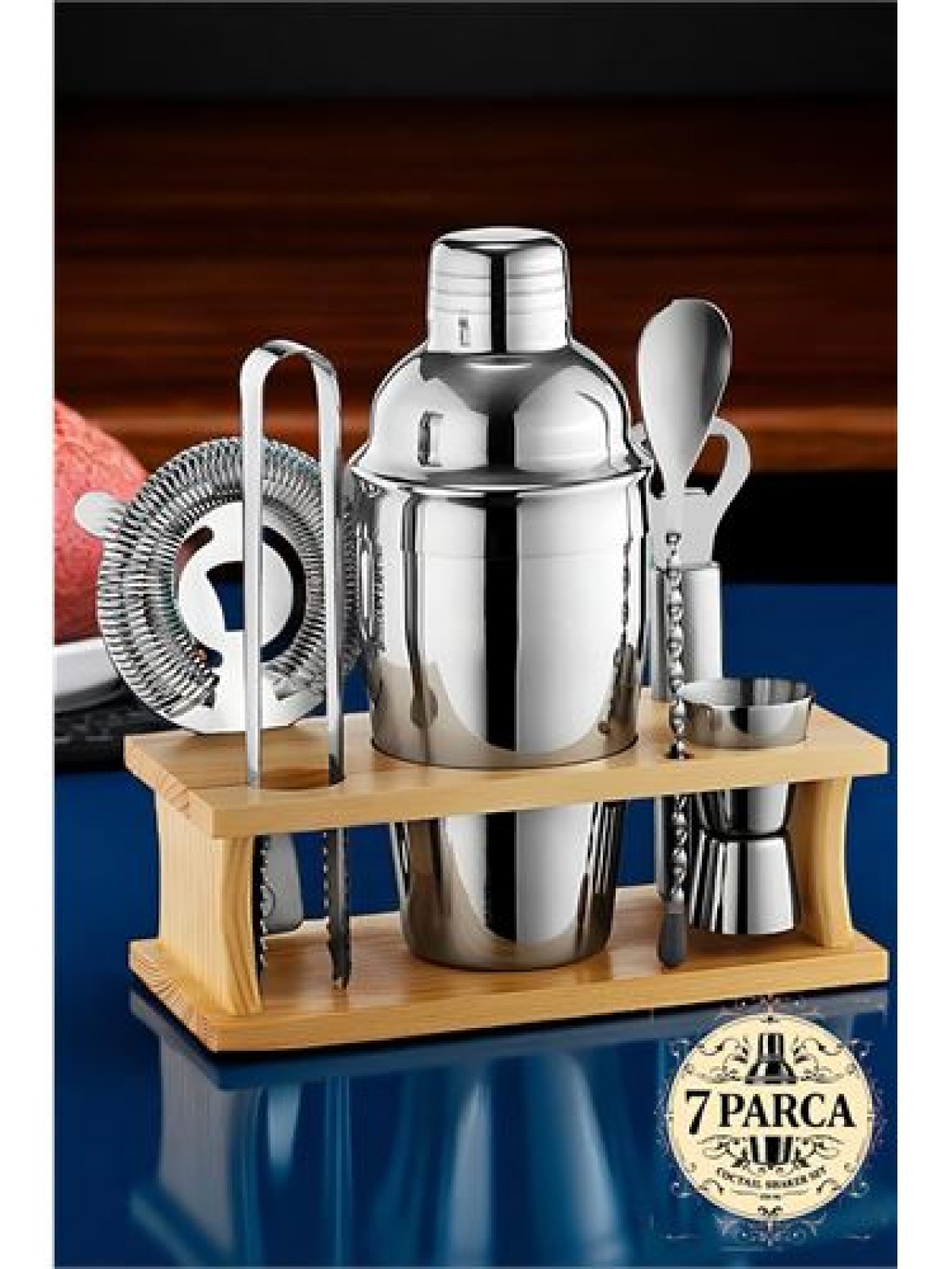 Shaker Kokteyl Set - 7 Parça 550 ML Shaker Coctail Set  Bambu Standlı