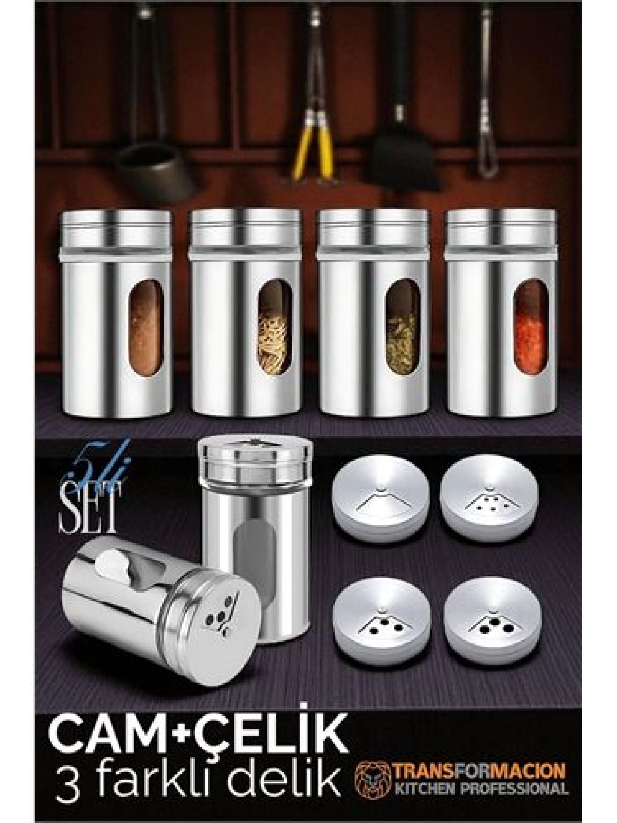 Cam+Çelik Tuzluk Biberlik Karabiberlik 3 Farklı Delikli 5 li SET