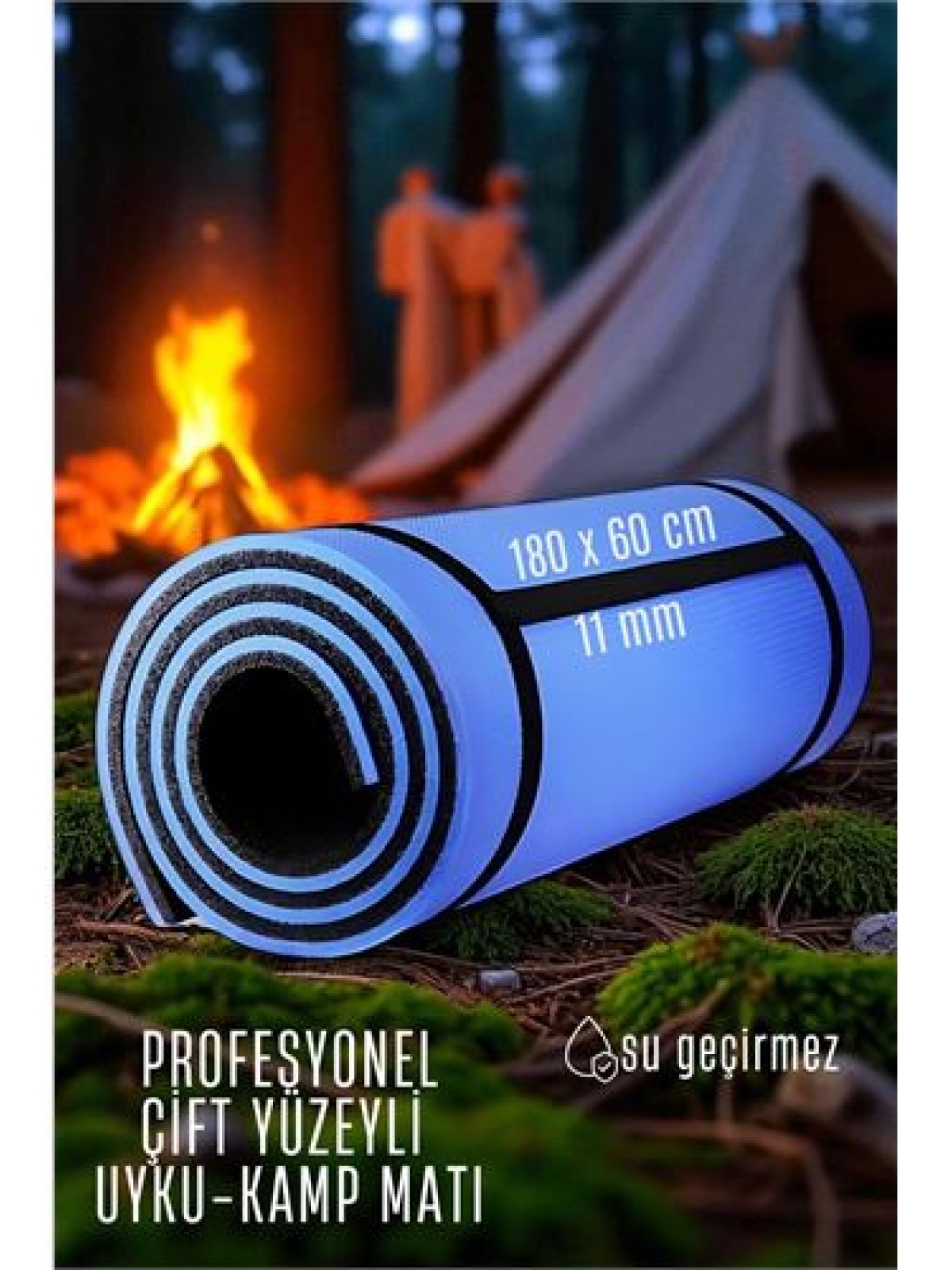 Uyku Matı - Kamp Matı - Piknik Çadır Matı 11 mm Çift Taraflı Mavi