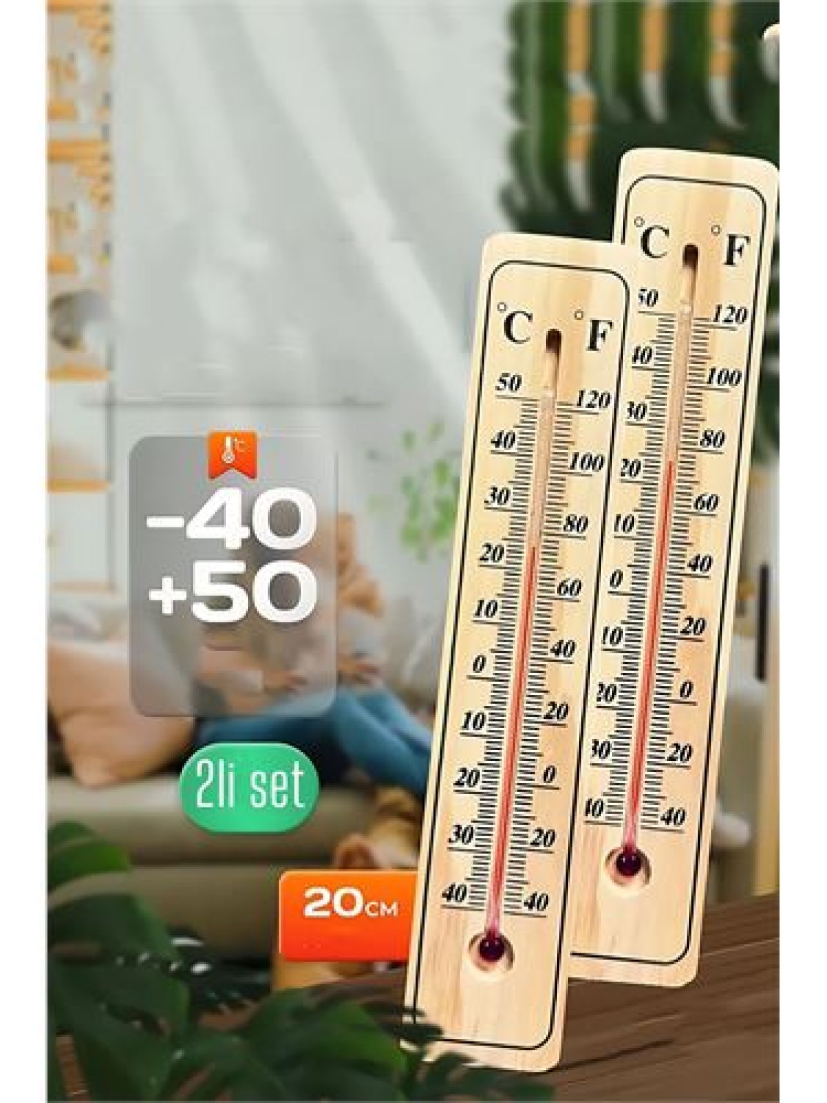 Termometre  - Ahşap Duvar Termometresi 2 li SET