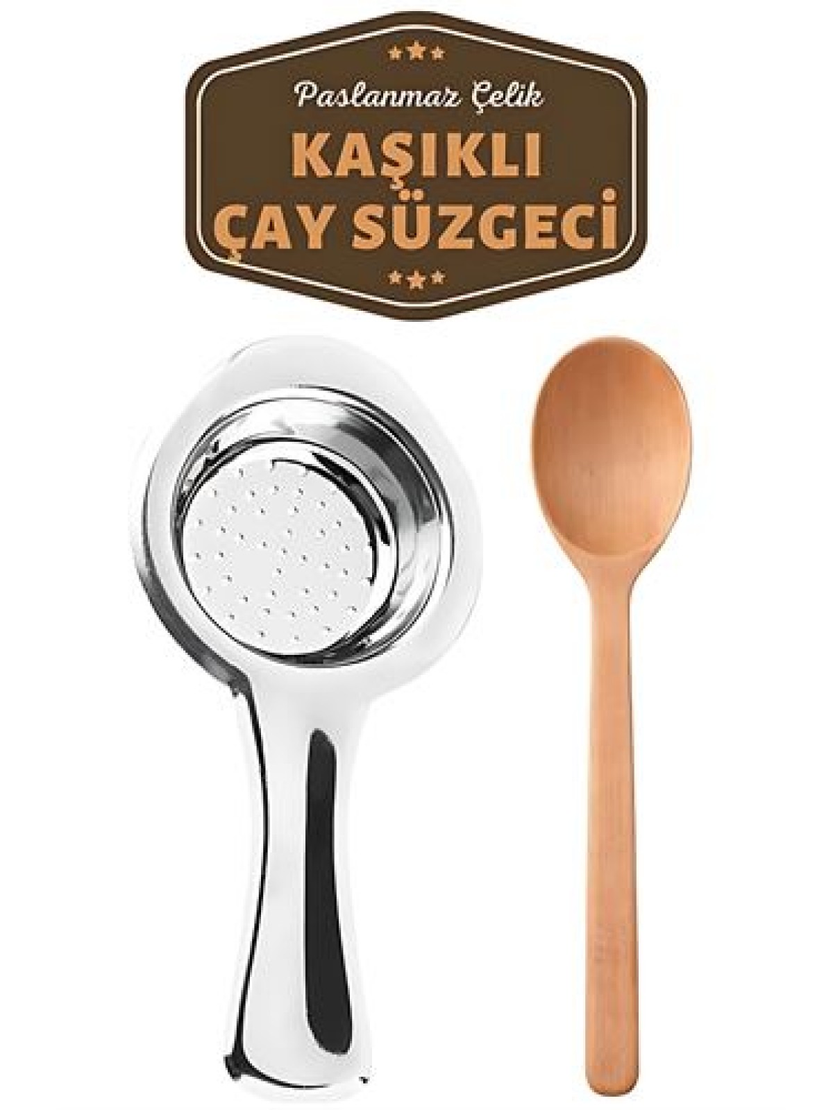 Homecare Paslanmaz Metal Çay Süzgeci Ahşap Kaşık Seti