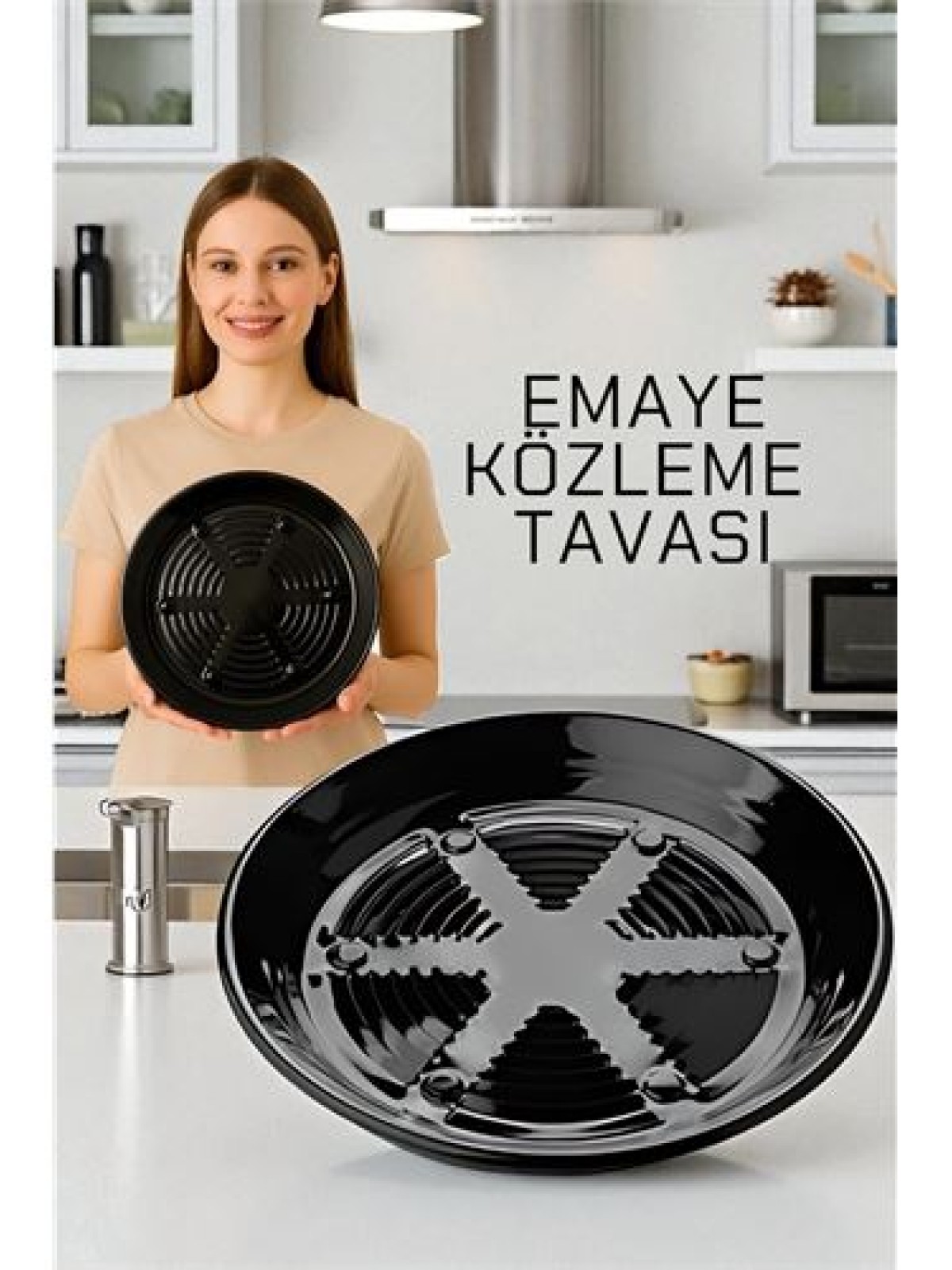 Emaye Közleme Tavası 31 cm - Fırına Uyumlu - Delikli Izgara Yüzeyli, Parlak Siyah