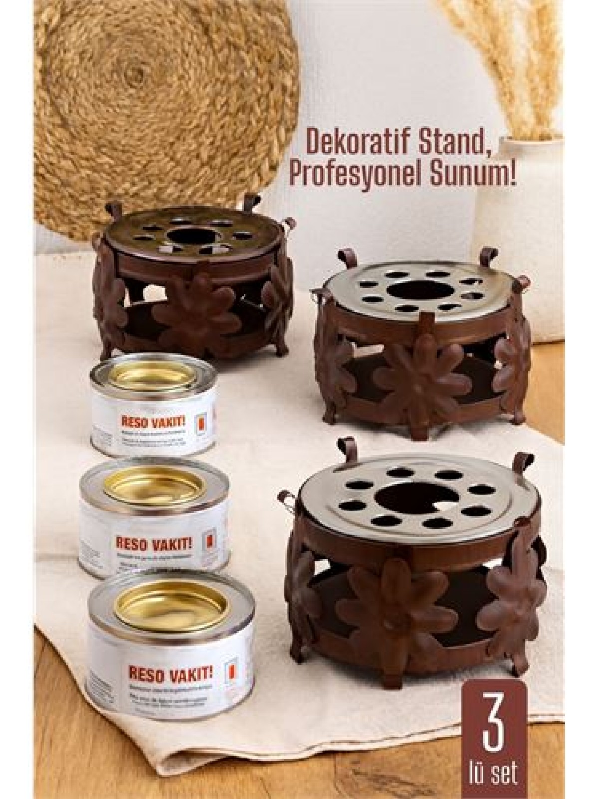 3 lü SET Dekoratif Metal Osmanlı Ocağı ve Reşo Yakıtı – Isıtmalı Sunum İçin Güvenli ve Şık Çözüm