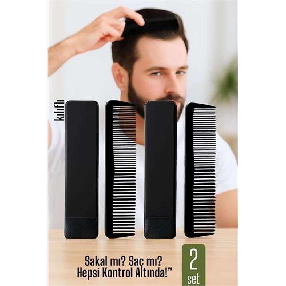 2 li Kılıflı Cep Tarağı – 14 x 3 cm | Kompakt, Şık ve Taşınabilir Erkek Bakım Tarağı