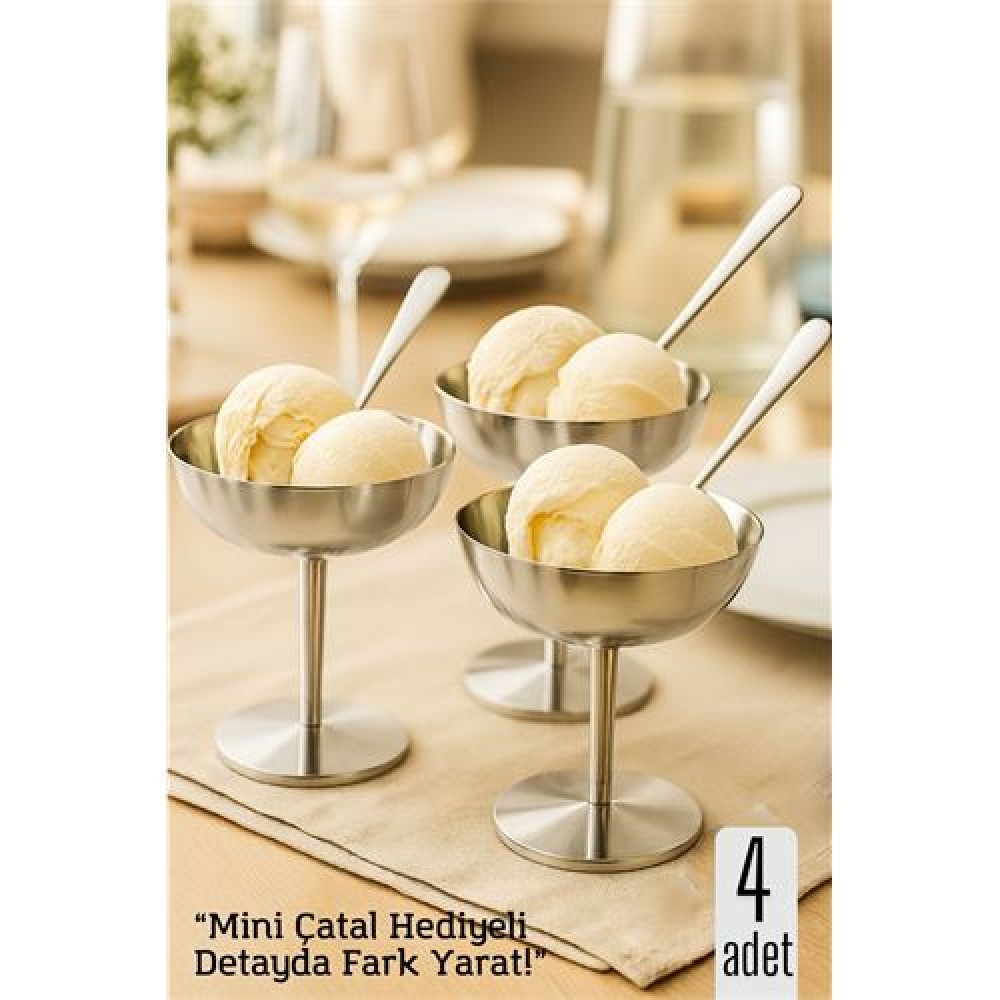 4 lü Gümüş Inox Çelik Ayaklı Dondurma ve Sunum Kasesi – Tatlı, Lokum ve Sunum Kabı